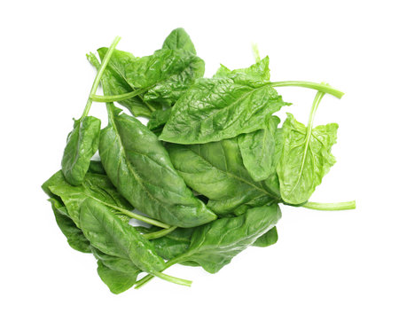 Pile of fresh spinach leaves isolated on white, top viewの写真素材