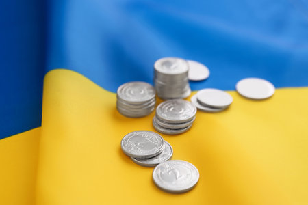 Ukrainian money on national flag, closeup viewの写真素材