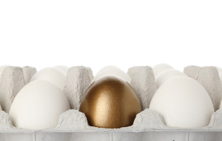 Egg carton with golden egg among ordinary ones on white background