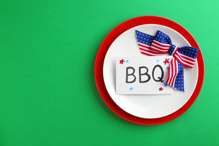 Set of dishware on color background, top view with space for text. USA Independence Dayの写真素材