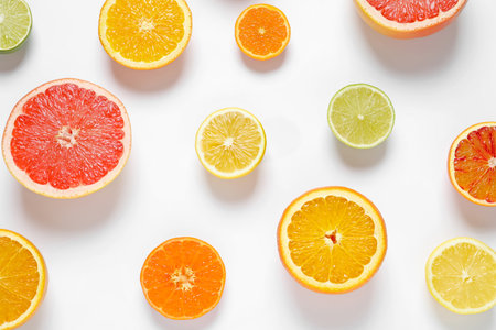 Flat lay composition with different citrus fruits on white backgroundの写真素材