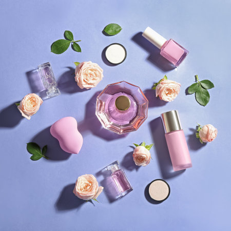 Flat lay composition with bottles of perfume, cosmetics and roses on color backgroundの写真素材