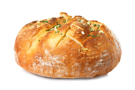 Tasty homemade garlic bread with herbs isolated on whiteの写真素材