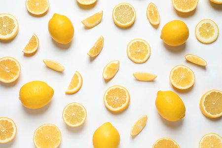 Fresh lemons on white background, top view. Citrus fruitsの写真素材