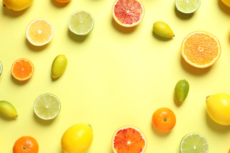 Frame made of different citrus fruits on color background, flat lay. Space for textの写真素材