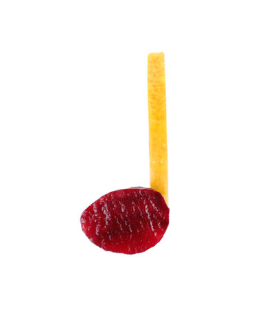 Musical note made of fruits and vegetables on white background, top view