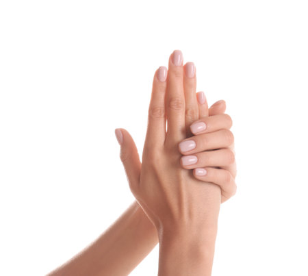 Woman with beautiful hands on white background, closeup. spa treatmentの写真素材
