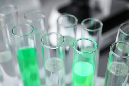 Closeup view of laboratory test tubes with reagents. solution chemistryの写真素材