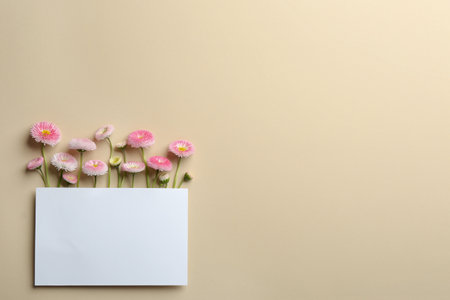 Flat lay composition with spring daisy flowers and card on color background. Space for textの写真素材