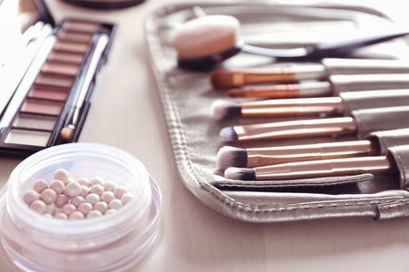 Luxury cosmetics and beauty accessories on dressing tableの写真素材