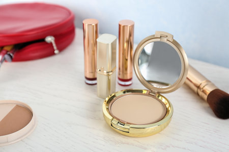 Set of luxury cosmetics on dressing table. Space for textの写真素材