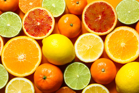 Different citrus fruits on color background, top viewの写真素材