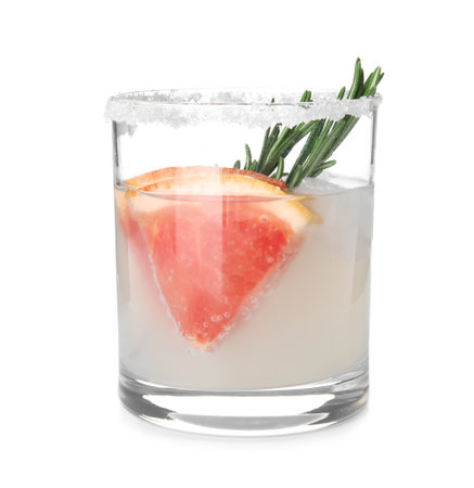 Glass of grapefruit cocktail with ice isolated on whiteの写真素材