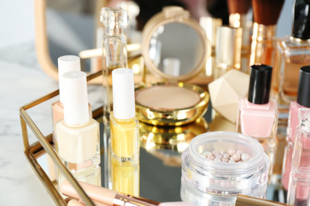 Tray with set of luxury cosmetics on dressing tableの写真素材