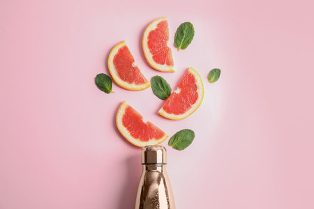 Flat lay composition with bottle, grapefruit slices and leaves on color backgroundの写真素材