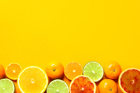 Different citrus fruits on color background, flat lay. Space for textの写真素材