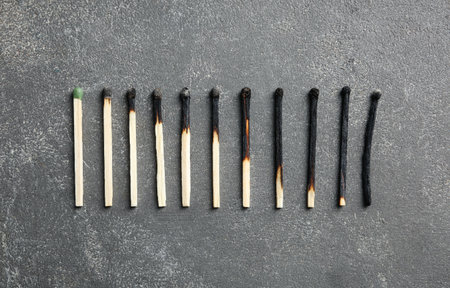 Row of burnt matches and whole one on gray background, flat lay. human life phase concept