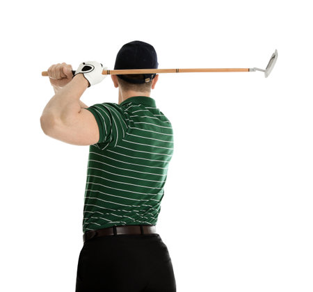 Young man playing golf on white backgroundの写真素材
