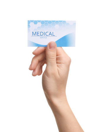 Woman holding business card isolated on white, closeup. medical serviceの写真素材