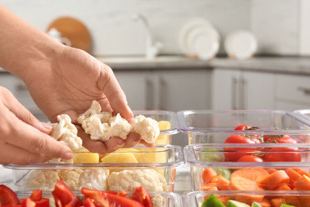 Woman putting cut cauliflower into box and containers with raw vegetables in kitchen, closeupの写真素材