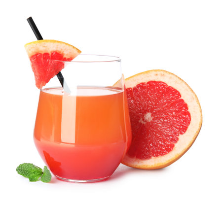 Glass of tasty cocktail and grapefruit half isolated on whiteの素材 [FY310208088853]