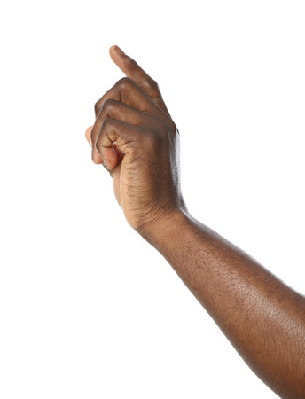 African-American man pointing at something on white background, closeupの写真素材