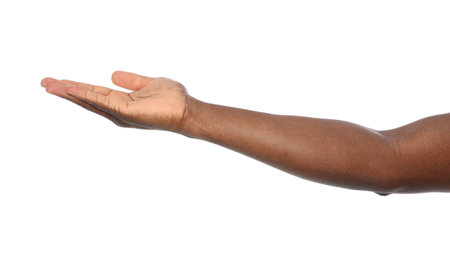 African-American man holding something in hand on white background, closeupの写真素材