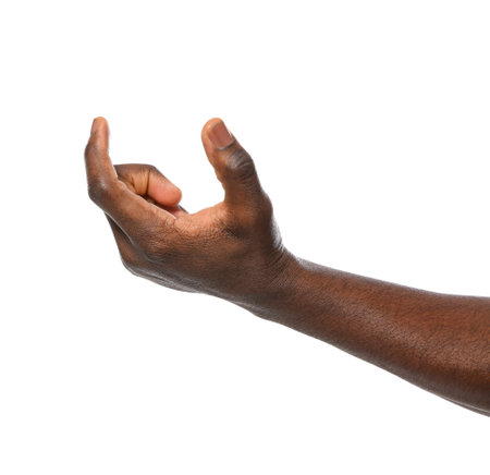 African-American man holding something in hand on white background, closeupの写真素材