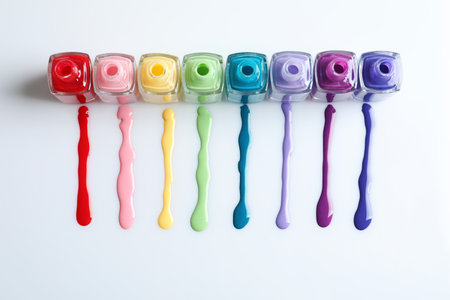 Spilled colorful nail polishes and bottles on white background, top view