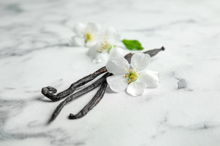 Aromatic vanilla sticks and flowers on marble backgroundの写真素材