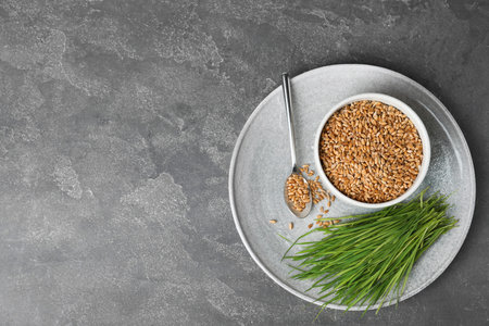 Flat lay composition with wheat grass and seeds on gray background, space for text