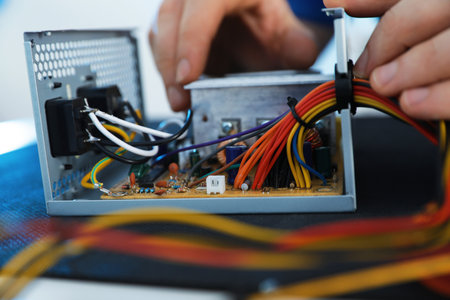 Male technician repairing power supply unit at table, closeup