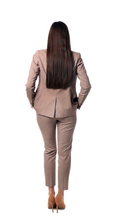 Businesswoman in stylish suit posing on white background