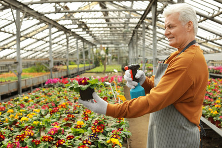 Mature man taking care of blooming flower in greenhouse. Home gardeningの写真素材