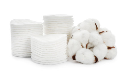 Composition with cotton pads and flowers on white backgroundの写真素材