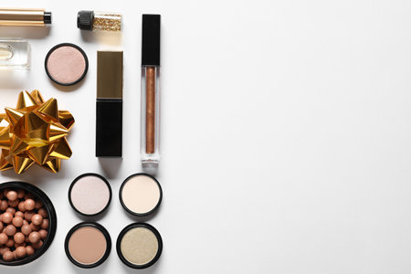 Set of luxury makeup products on white background, flat layの写真素材