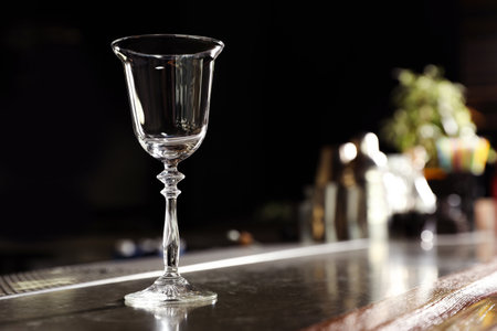 Empty clean glass on counter in bar. Space for text
