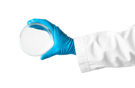 Scientist holding clean Petri dish on white background. chemical researchの写真素材