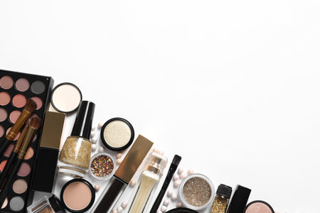 Set of luxury makeup products on white background, flat layの写真素材