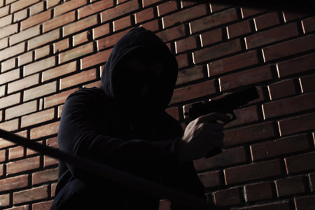 Man in hoodie with gun indoors. Dangerous criminalの写真素材
