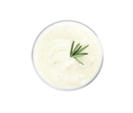 Glass bowl of garlic sauce on white background, top viewの写真素材