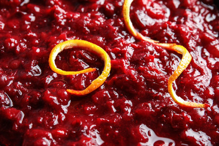 Tasty cranberry sauce with citrus zest as background, closeupの写真素材