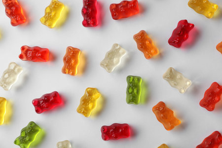 Delicious color jelly bears on white background, top viewの写真素材