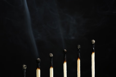 Line of burnt matches on black background. Space for textの写真素材