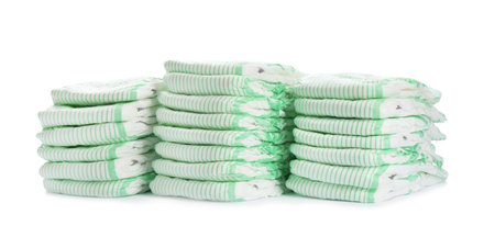 Stacks of diapers on white background. baby accessoriesの写真素材