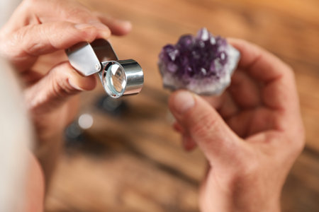 Male jeweler evaluating semi precious gemstone at table in workshop, closeup