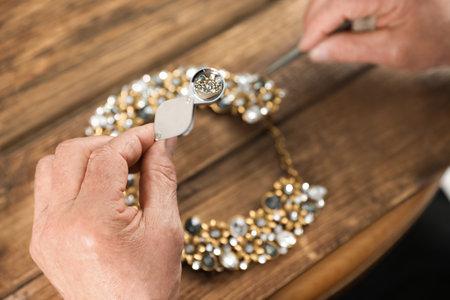 Male jeweler evaluating necklace at table in workshop, closeup view through magnifier