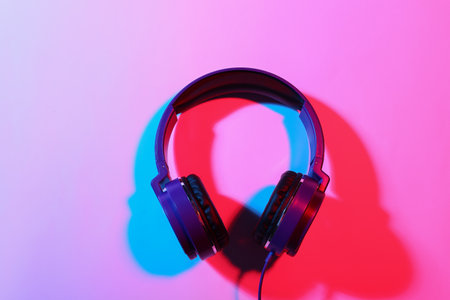 Stylish headphones on color background, top viewの写真素材