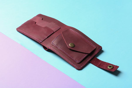 Leather wallet on color background. Style accessory