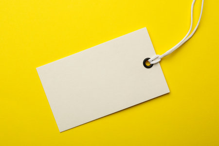 Cardboard tag with space for text on color background, top view